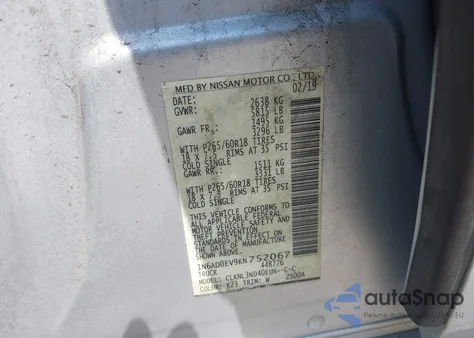 2019 Nissan Frontier Sl из США, поврежденный, VIN 1N6AD0EV9KN752067